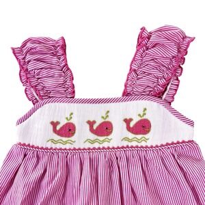 Girls Smocked Dress Sz 5T Pink White Striped Ruffles Whales Beach Colorful
